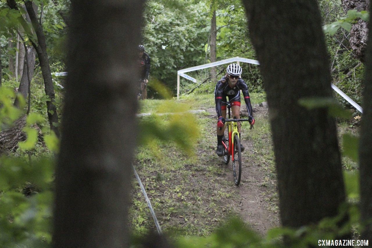 Eleanor Dyas drops down one of the descents in "The Jungle." 2019 Rochester Cyclocross Friday Pre-Ride. © Z. Schuster / Cyclocross Magazine