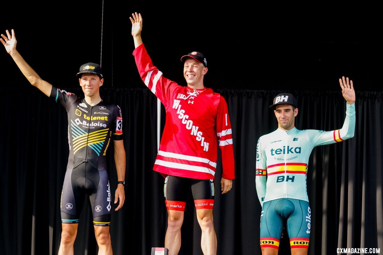 Elite Men's podium: Laurens Sweeck, Nicholas Cleppe and Felipe Orts. Elite Men, 2019 Trek CX Cup. © D. Mable / Cyclocross Magazine