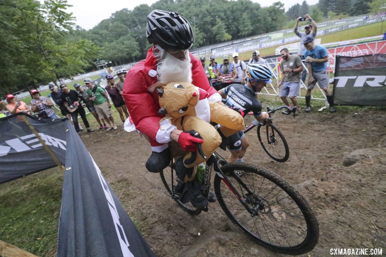 Santa and Rudolph hop up the Sven Nys Nose Wheelie Wall. 2019 Trek CX Cup and World Cup Waterloo Scene. © D. Mable / Cyclocross Magazine