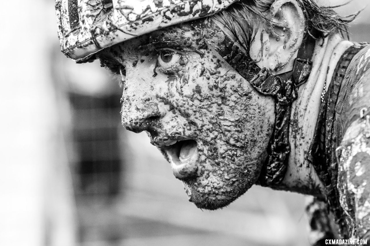 Gage Hecht shows the effects of his day in the mud. Faces of the 2019 Trek CX Cup weekend. © D. Mable / Cyclocross Magazine