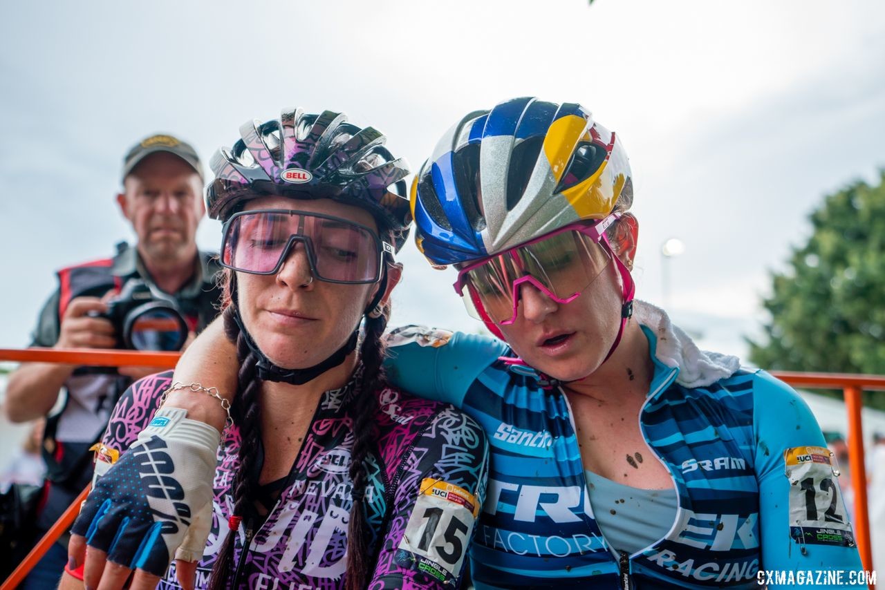 Sammi Runnels and Ellen Noble show the effects of Saturday's World Cup. 2019 Jingle Cross Weekend. © Drew Coleman