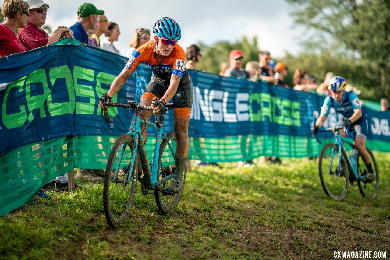 Sophie Russenberger looks toward a corner on the Mt. Krumpit descent. 2019 Jingle Cross Weekend. © Drew Coleman