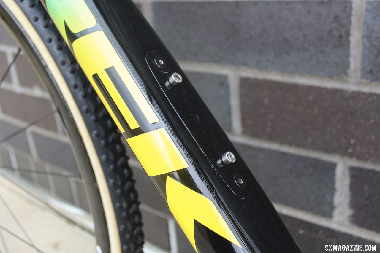 The Boone comes with a removable plate on the down tube to store electronic shifting batteries. Thibau Nys' 2019/20 Trek Boone. © Z. Schuster / Cyclocross Magazine