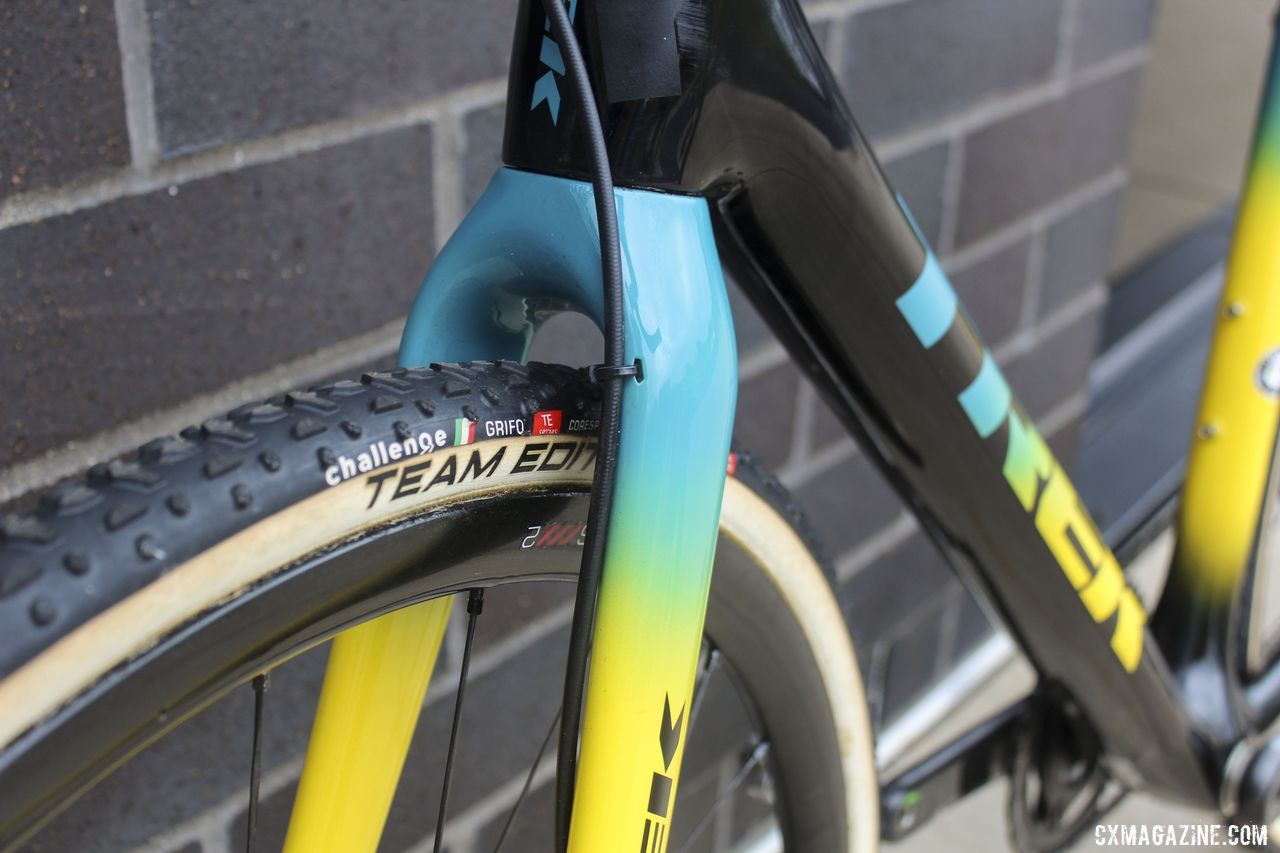 The Trek Boone uses external routing for the front fork. Thibau Nys' 2019/20 Trek Boone. © Z. Schuster / Cyclocross Magazine