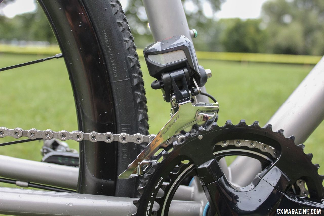 Fix used an Ultegra R8050 Di2 front derailleur with his Dura-Ace crankset. Brannan Fix's 2019/20 Moots Psychlo X RSL Cyclocross Bike. © Z. Schuster / Cyclocross Magazine