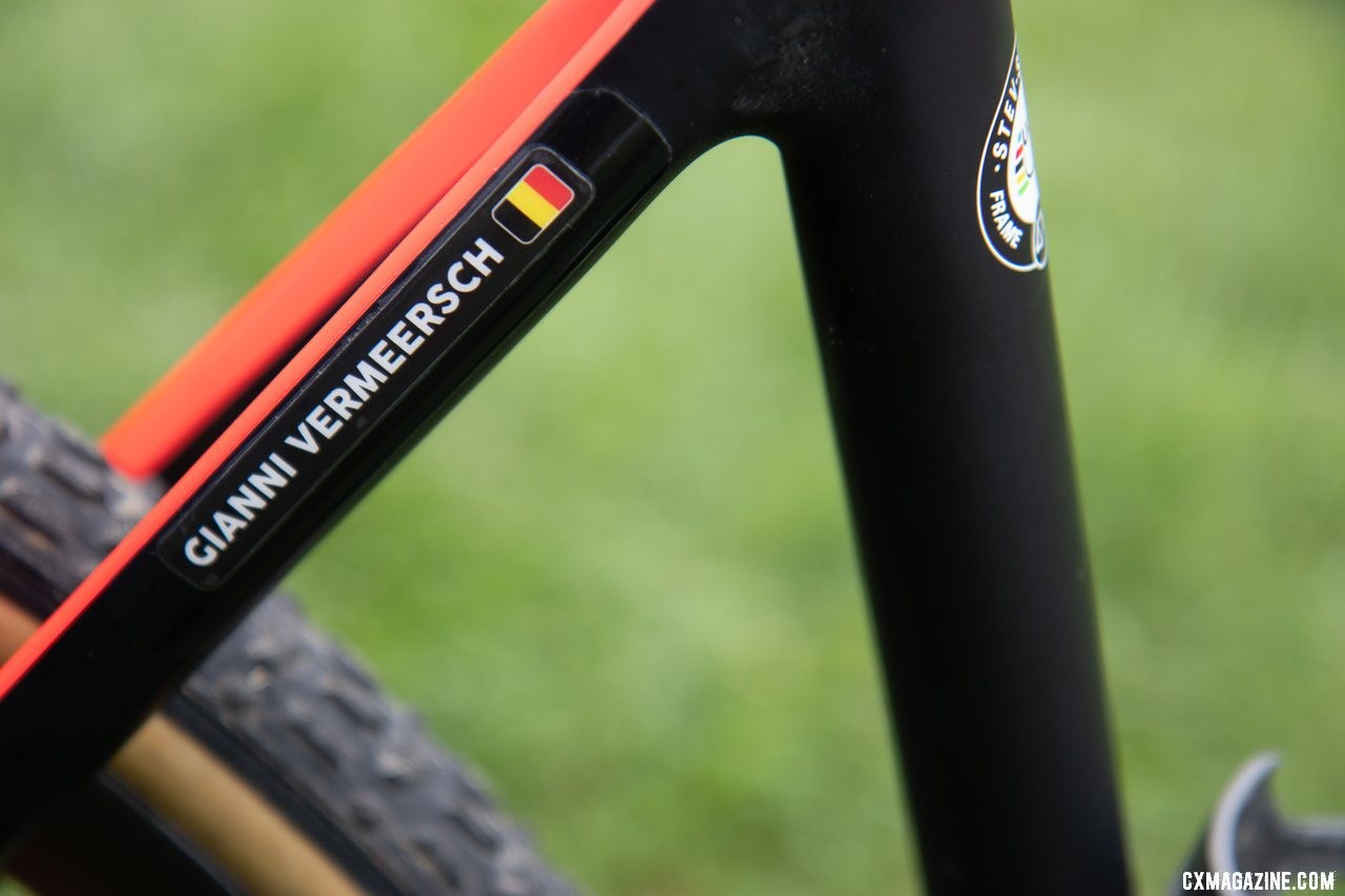 A name sticker is one of the few pieces of flair on Vermeersch's bike. Gianni Vermeersch's Stevens Super Prestige cyclocross bike. © A. Yee / Cyclocross Magazine