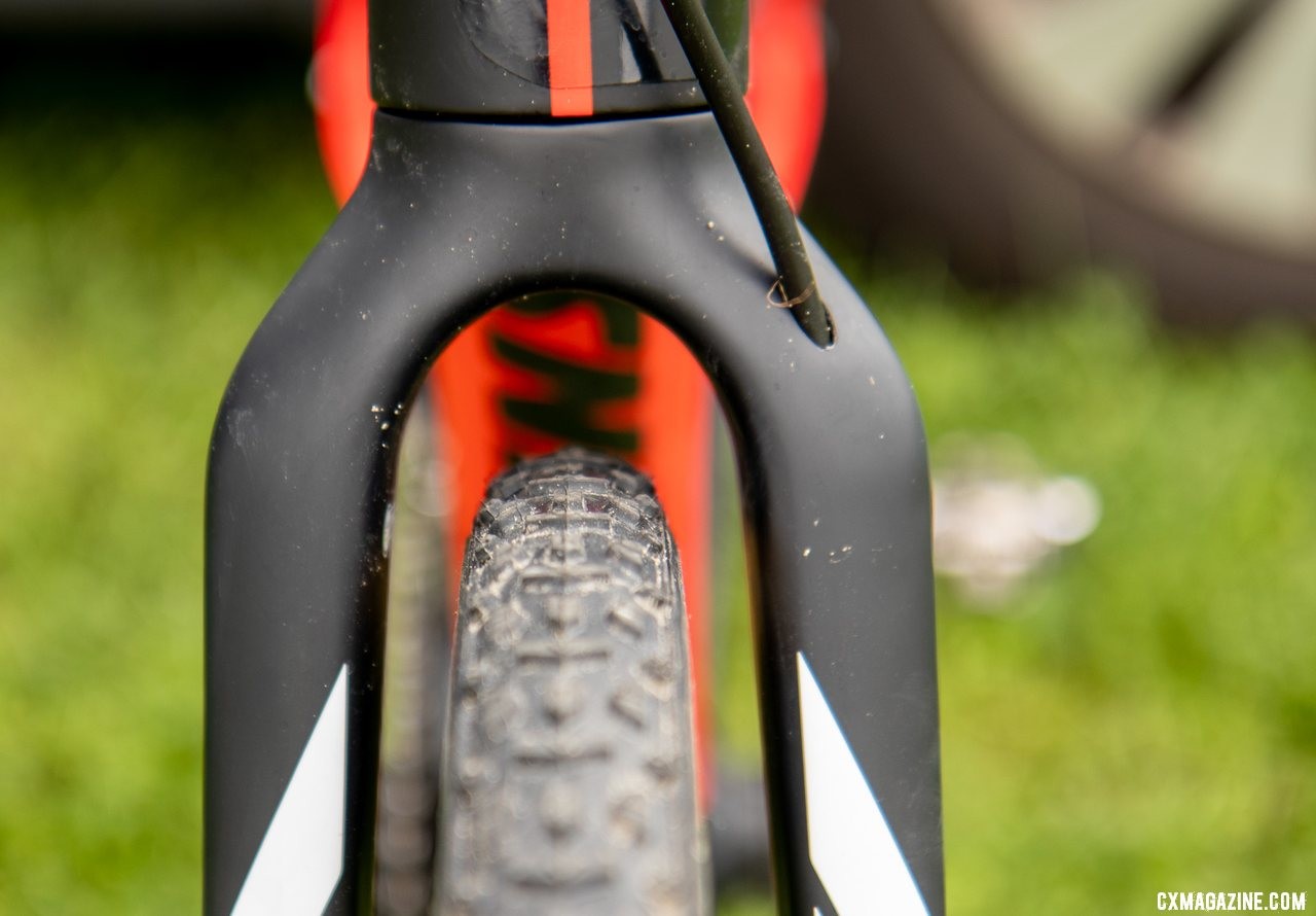 The boxy fork on the Super Prestige has internal routing. Gianni Vermeersch's Stevens Super Prestige cyclocross bike. © A. Yee / Cyclocross Magazine