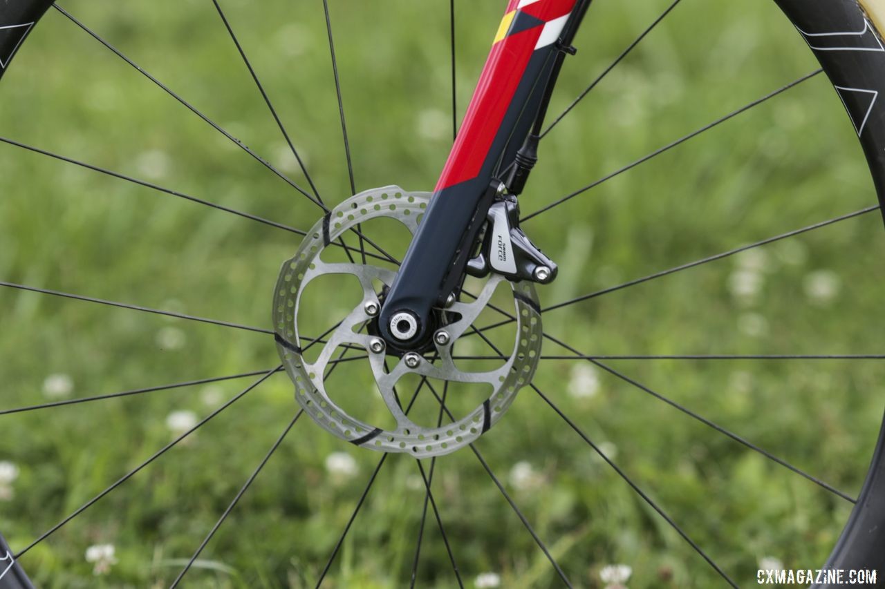 Van den Ham used 160mm TRP 6-bolt rotors with his Force 1 flat mount brakes. Michael van den Ham's Canadian Champ Giant TCX Advanced Pro. © D. Mable / Cyclocross Magazine