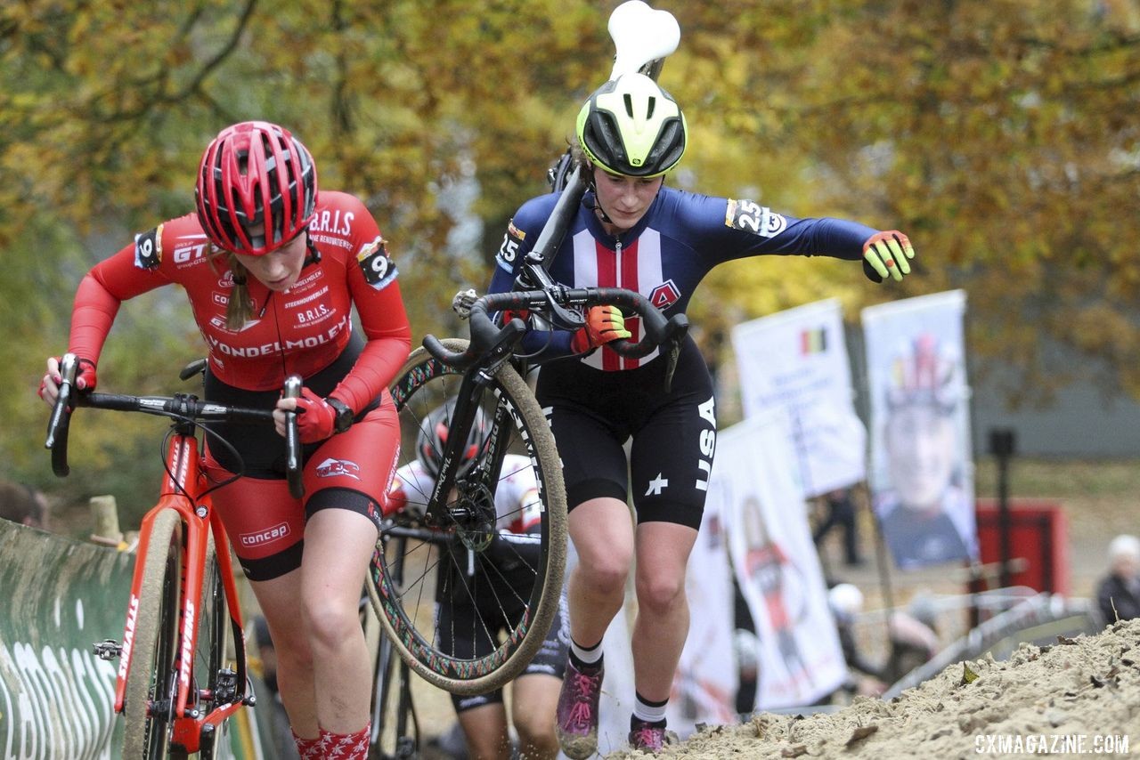 Shannon Mallory fought with Julie Brouwers for position. 2019 World Cup Koksijde. © B. Hazen / Cyclocross Magazine