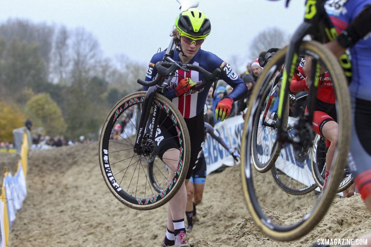 Shannon Mallory followed teammate Corey Coogan Cisek. 2019 World Cup Koksijde. © B. Hazen / Cyclocross Magazine