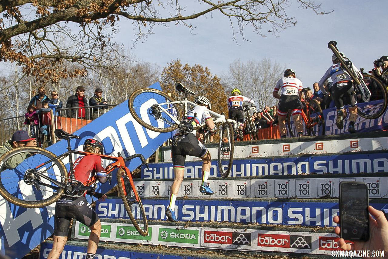 The Elite Women head up the stairs early in Saturday's race. 2019 World Cup Tabor, Czech Republic. © B. Hazen / Cyclocross Magazine