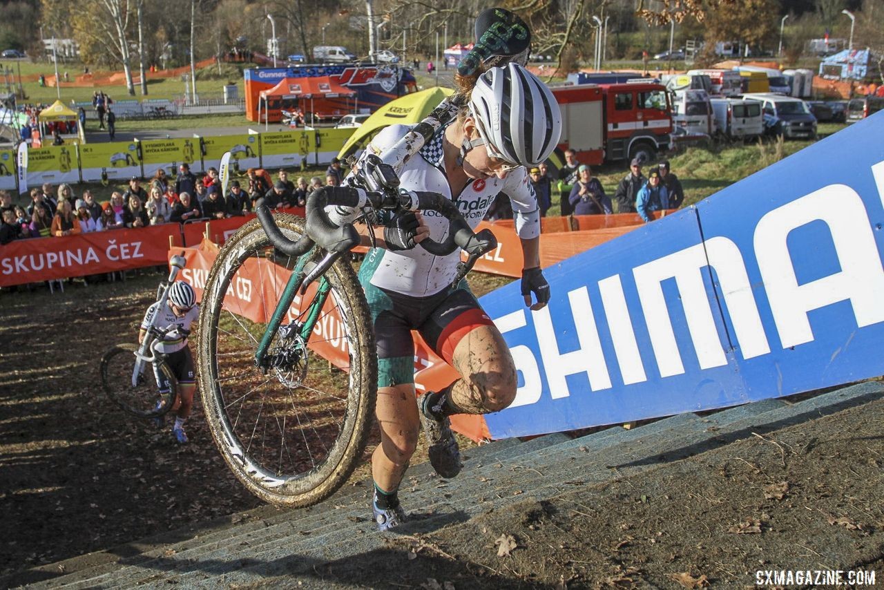 Kaitie Keough runs the stairs en route to an 8th-place finish. 2019 World Cup Tabor, Czech Republic. © B. Hazen / Cyclocross Magazine