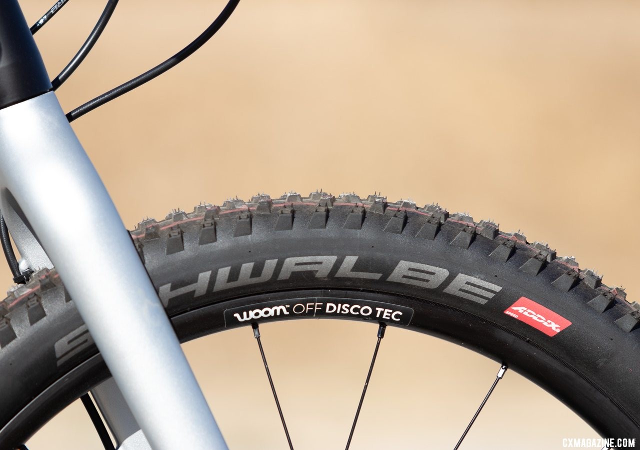 The 24" Rocket Ron tires are grippy and relatively light, but aren't officially tubeless. Neither are the rims. Woom Off 5 24" bike review. © A. Yee / Cyclocross Magazine