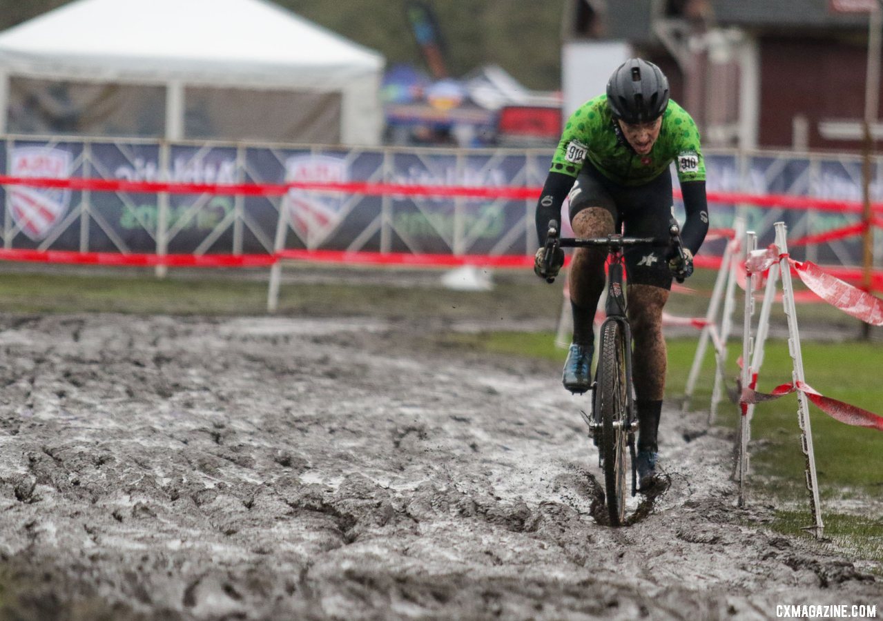Calder Wood drives through the muck on his way to second place. Collegiate Club Men. 2019 Cyclocross National Championships, Lakewood, WA. © D. Mable / Cyclocross Magazine