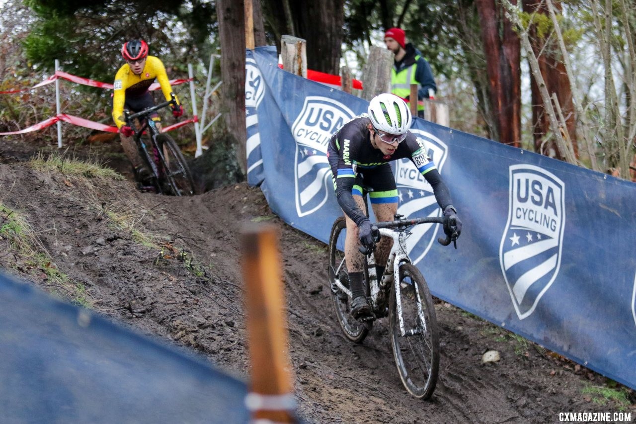 Caleb Swartz dives into the first downhill luge run as Scott Funston chases. Collegiate Varsity Men. 2019 Cyclocross National Championships, Lakewood, WA. © D. Mable / Cyclocross Magazine