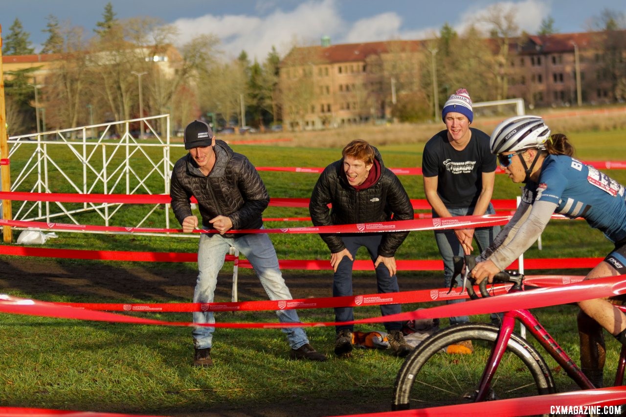 The Brevard College fan club encouraged all of the Brevard riders on. Collegiate Varsity Women. 2019 Cyclocross National Championships, Lakewood, WA. © D. Mable / Cyclocross Magazine