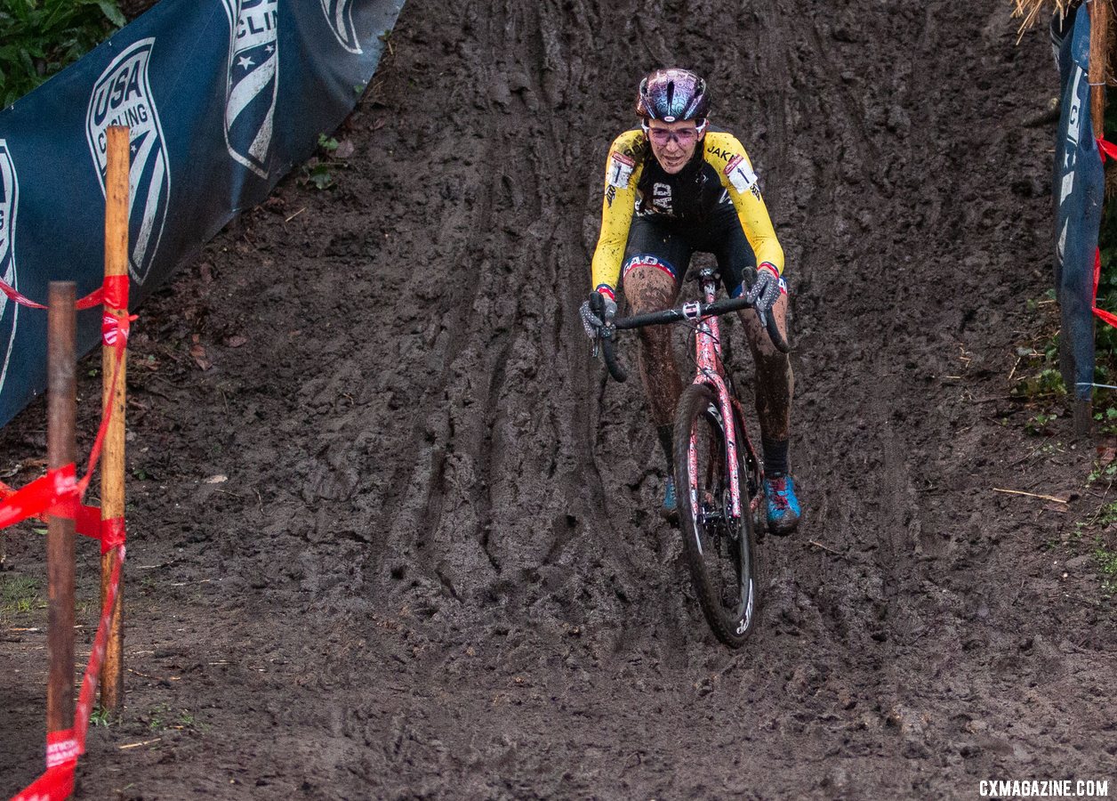 Sammi Runnels exits the disco downhill safely. Collegiate Varsity Women. 2019 Cyclocross National Championships, Lakewood, WA. © A. Yee / Cyclocross Magazine