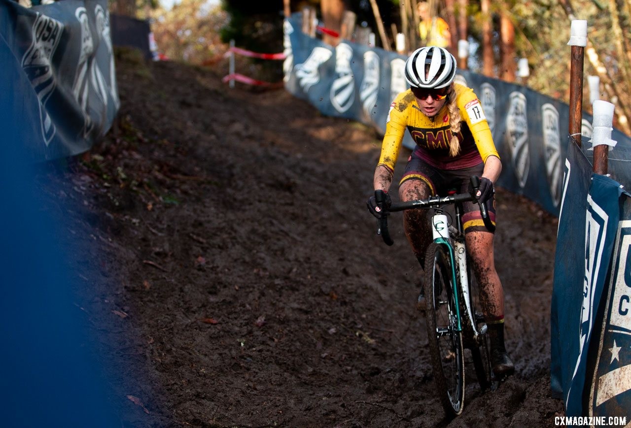 Katie Clouse slides through the morning mud as the sun breaks out for the first time during the week. Collegiate Varsity Women. 2019 Cyclocross National Championships, Lakewood, WA. © A. Yee / Cyclocross Magazine