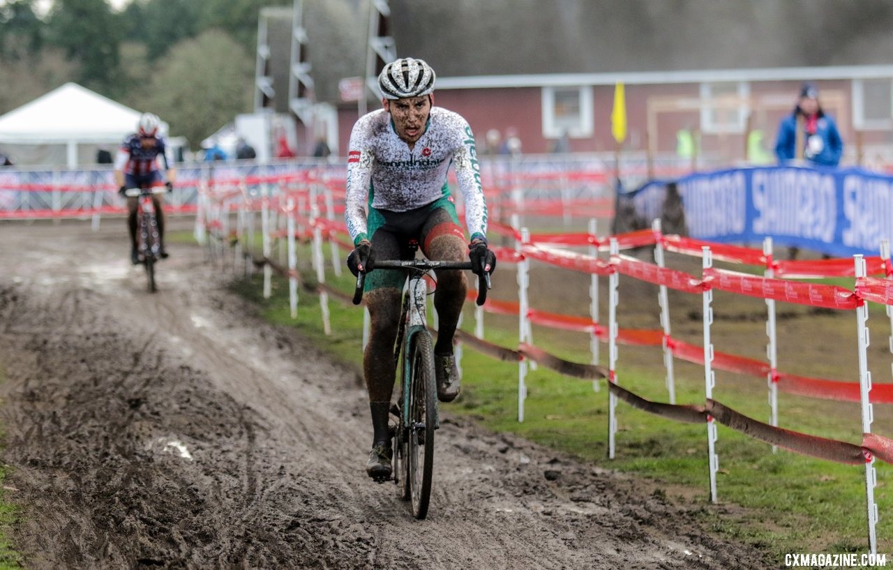Curtis White leads Stephen Hyde as they continue to chase race leader Gage Hecht late in the race. Elite Men. 2019 Cyclocross National Championships, Lakewood, WA. © D. Mable / Cyclocross Magazine