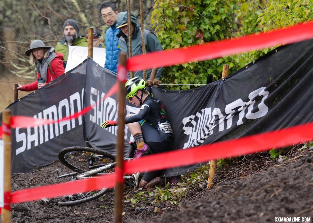 Shannon Mallory falls victim to the difficult UCI off-camber downhill, added for the UCI-only races on Sunday. U23 Women. 2019 Cyclocross National Championships, Lakewood, WA. © D. Mable / Cyclocross Magazine
