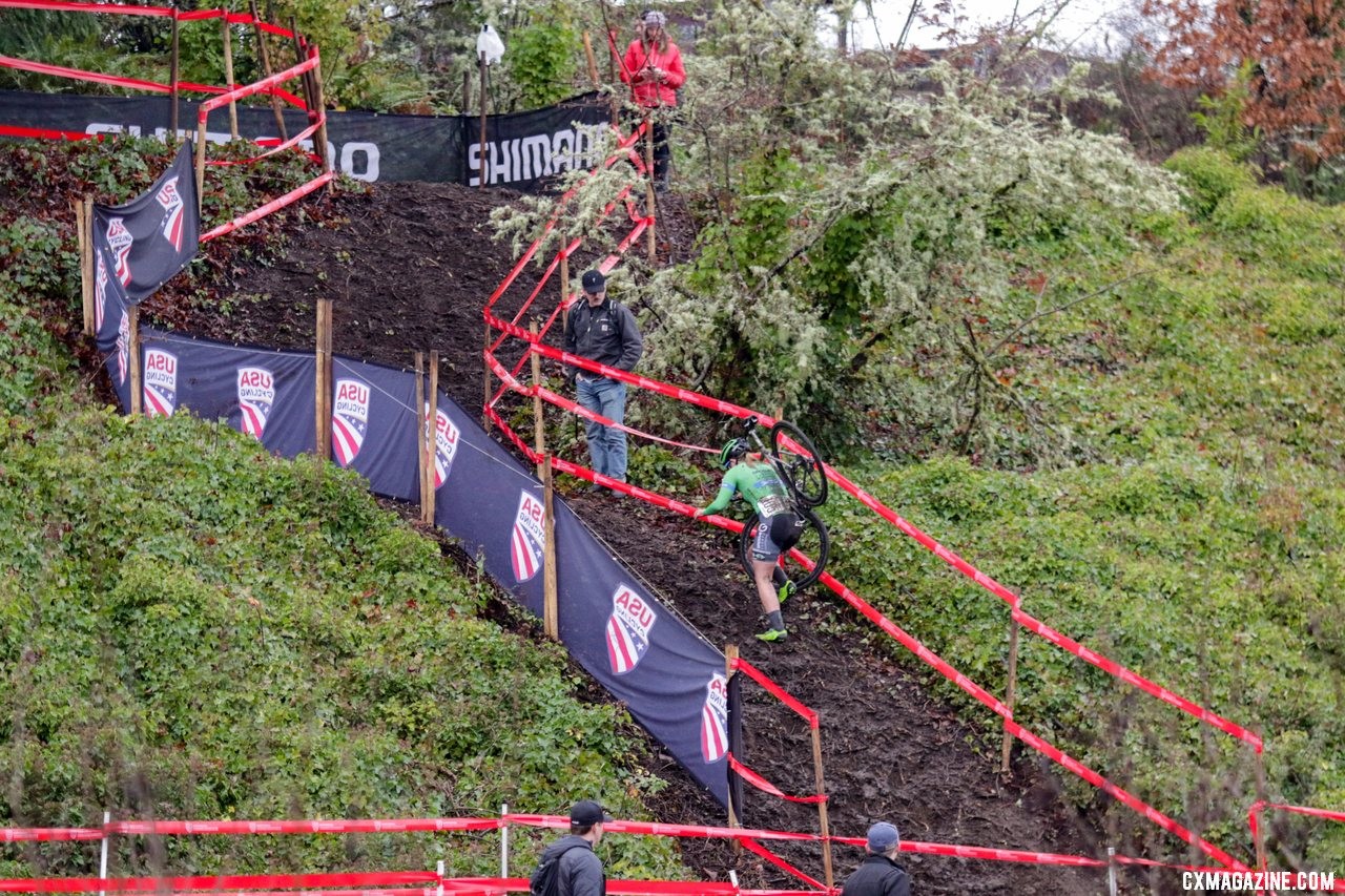 Turner Ramsay climbs the UCI climb, added for the UCI races on Sunday. U23 Women. 2019 Cyclocross National Championships, Lakewood, WA. © D. Mable / Cyclocross Magazine