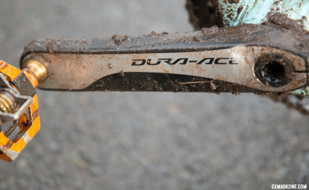 Hecht ran an older model Dura-Ace R9000 left crank arm with a Stages power meter attached. Gage Hecht's Elite Men's winning Donnelly C//C cyclocross bike. 2019 USA Cycling Cyclocross National Championships bike profiles, Lakewood, WA. © A. Yee / Cyclocross Magazine