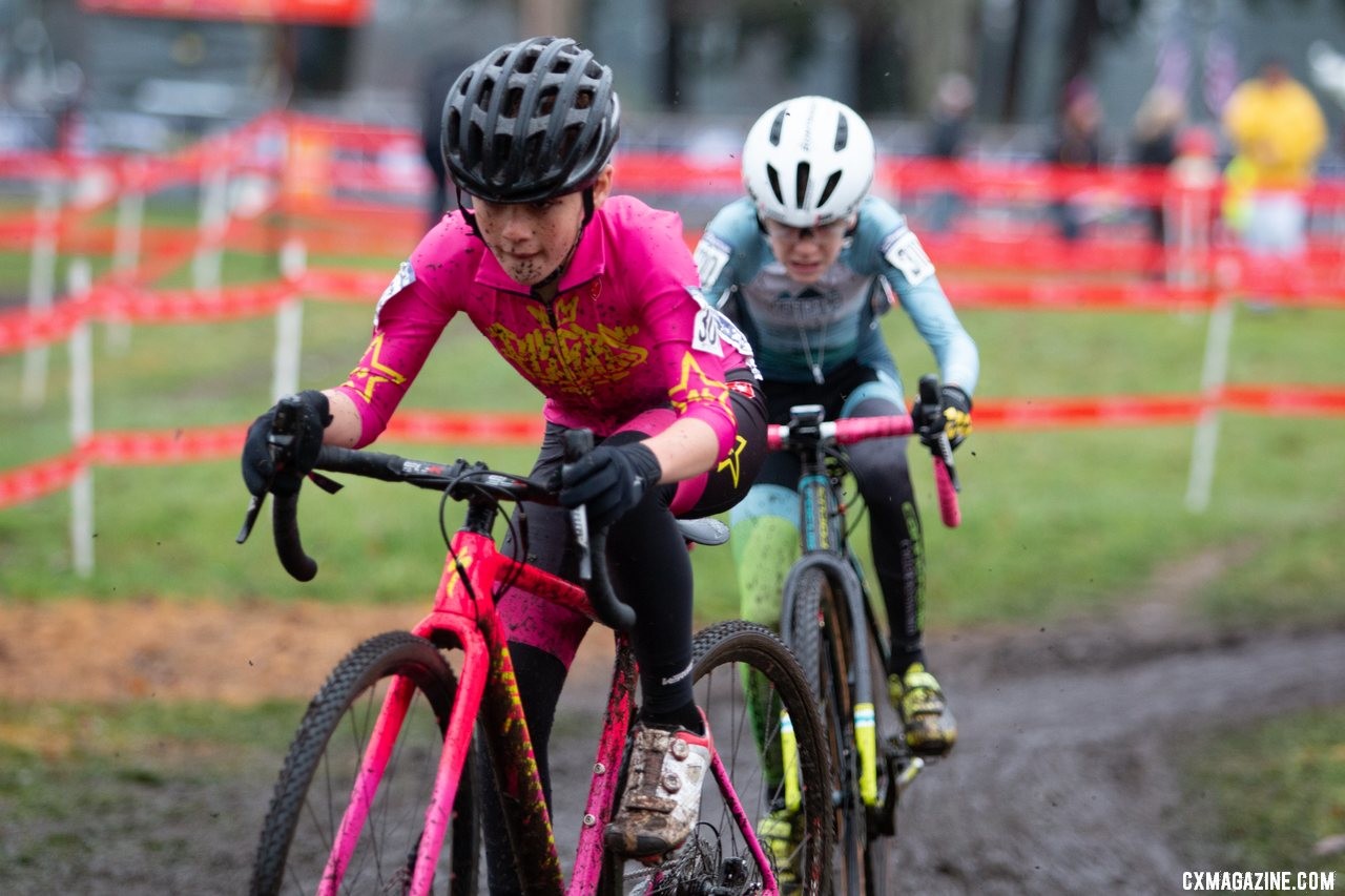 Isaiah Culbreath leads Bjorn Blankenship early in the race. Junior Men 11-12. 2019 Cyclocross National Championships, Lakewood, WA. © A. Yee / Cyclocross Magazine