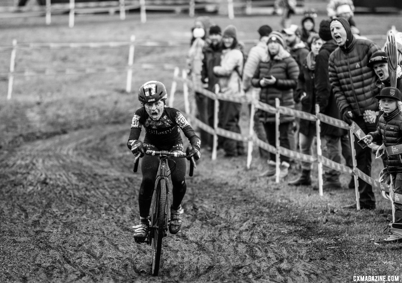 Kian Reid and his fans are giving it their all as he races his way to the podium. 2019 Cyclocross National Championships, Lakewood, WA. © A. Yee / Cyclocross Magazine