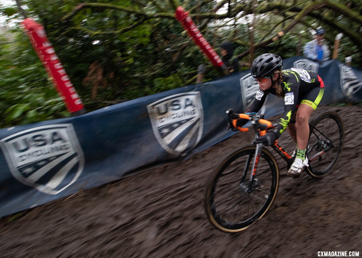 Catherine Boni keeps her weight back as she navigates the ruts. Junior Women 11-12. 2019 Cyclocross National Championships, Lakewood, WA. © A. Yee / Cyclocross Magazine