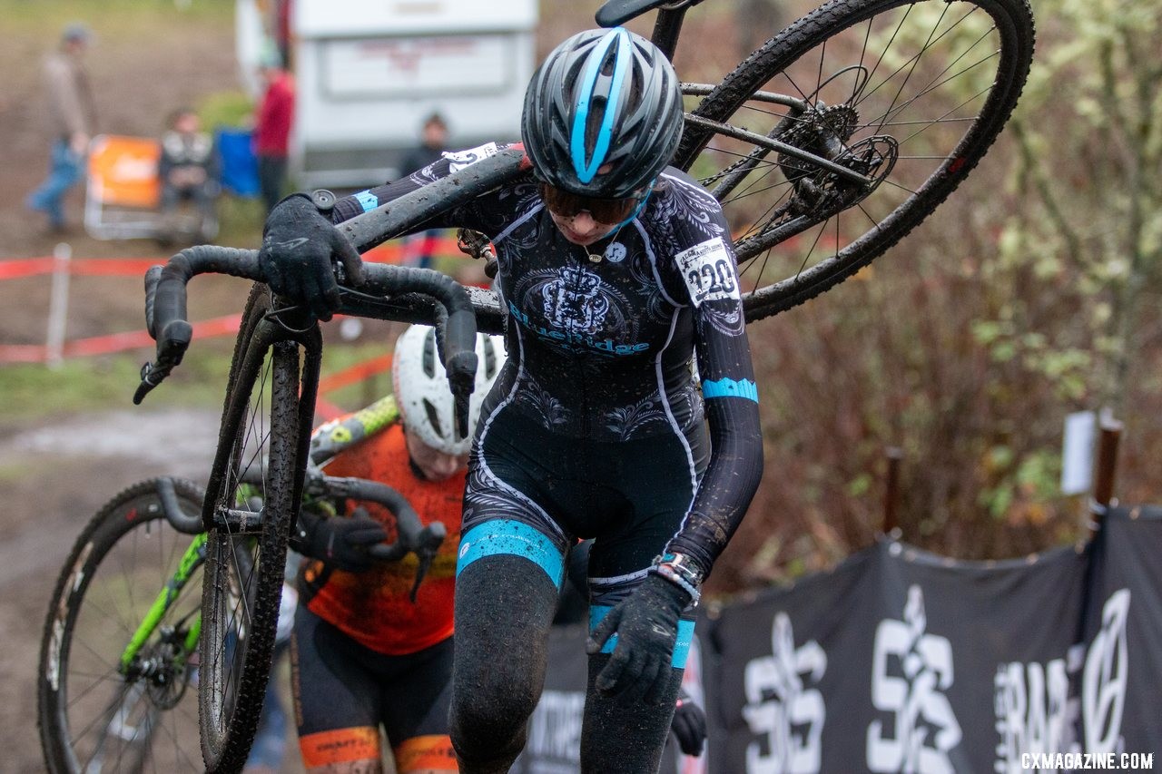 Meredith Sierpina climbs the long, muddy run-up midway through the second lap. Junior 17-18 Women. 2019 Cyclocross National Championships, Lakewood, WA. © A. Yee / Cyclocross Magazine