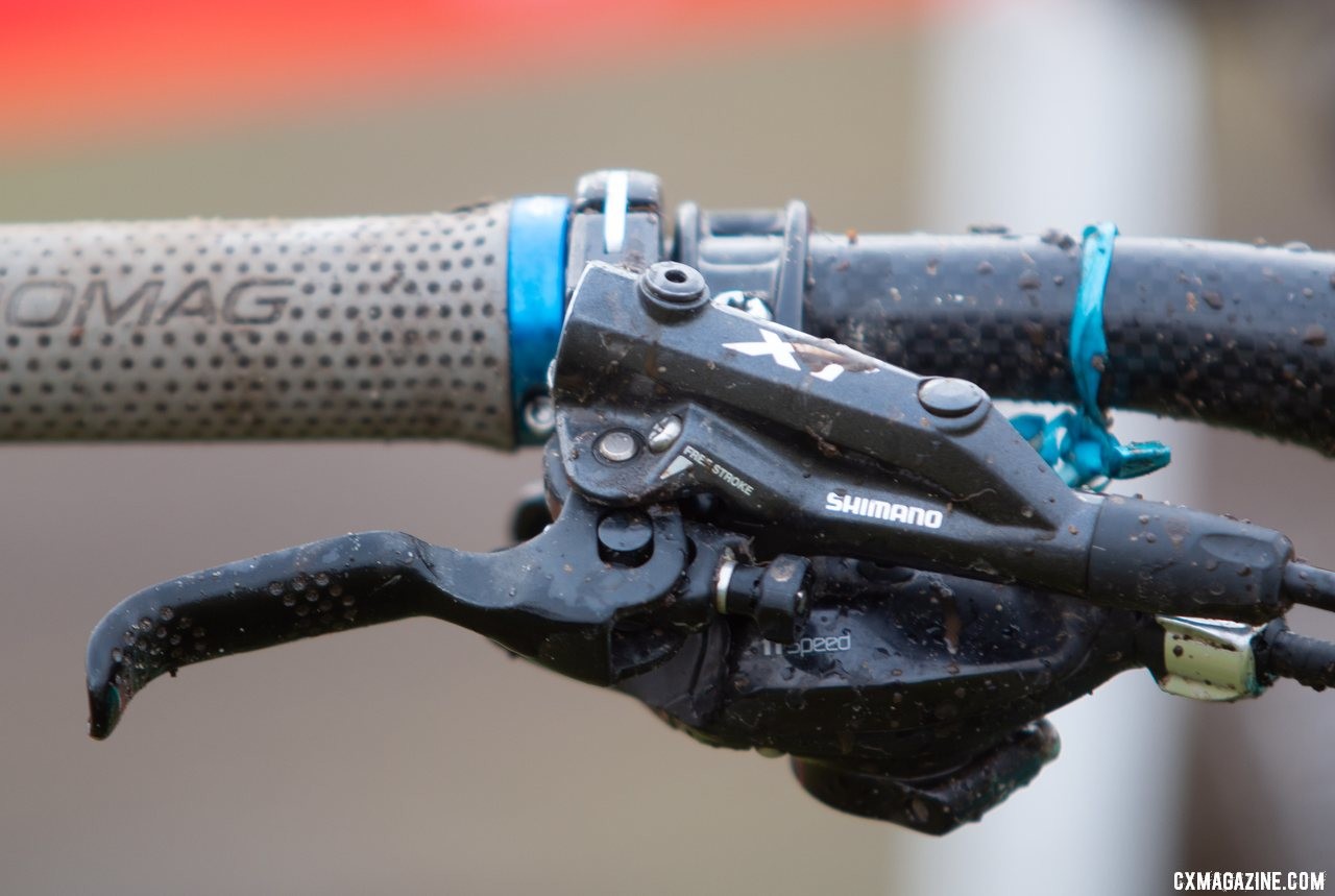 Shimano XT brakes feature an external reach adjustment knob. Kira Mullins' Junior Women 11-12 wiining bike. 2019 USA Cycling Cyclocross National Championships bike profiles, Lakewood, WA. © A. Yee / Cyclocross Magazine