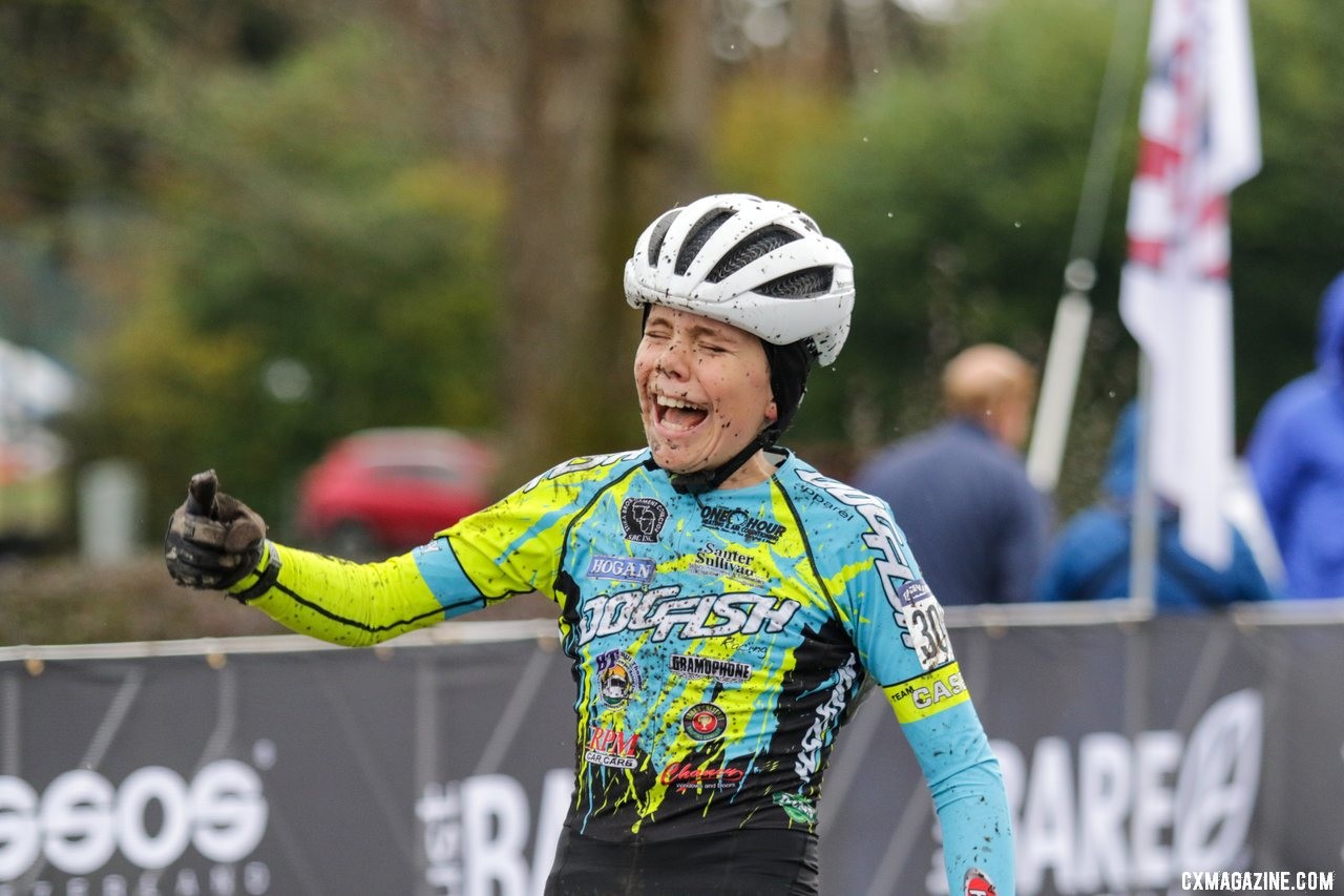 Yeah! Rowan Child celebrates his National Championship Victory. Junior Men 11-12. 2019 Cyclocross National Championships, Lakewood, WA. © D. Mable / Cyclocross Magazine