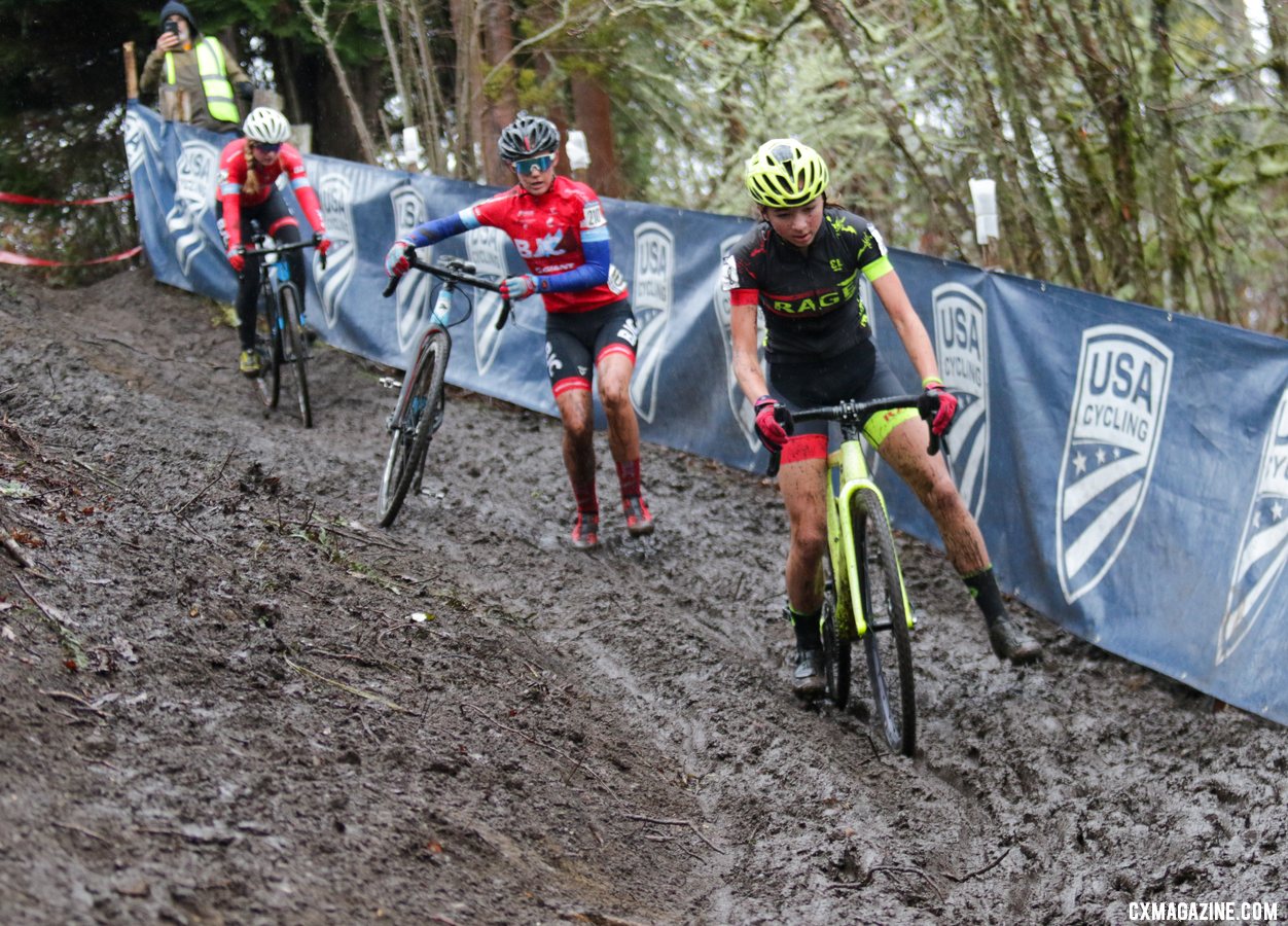 Riders used every means to descent the tricky, rutted chicane descent. Junior Women 13-14. 2019 Cyclocross National Championships, Lakewood, WA. © D. Mable / Cyclocross Magazine