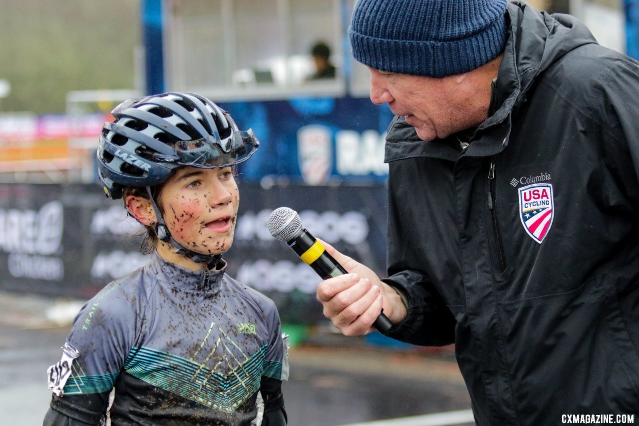 Vida Lopez De San Roman is interviewed for the USA Cycling Livestream Show after her win. Junior Women 13-14. 2019 Cyclocross National Championships, Lakewood, WA. © D. Mable / Cyclocross Magazine