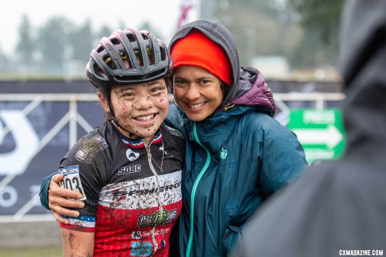 Eire Chen poses with her mom after her race. Junior Women 13-14. 2019 Cyclocross National Championships, Lakewood, WA. © A. Yee / Cyclocross Magazine