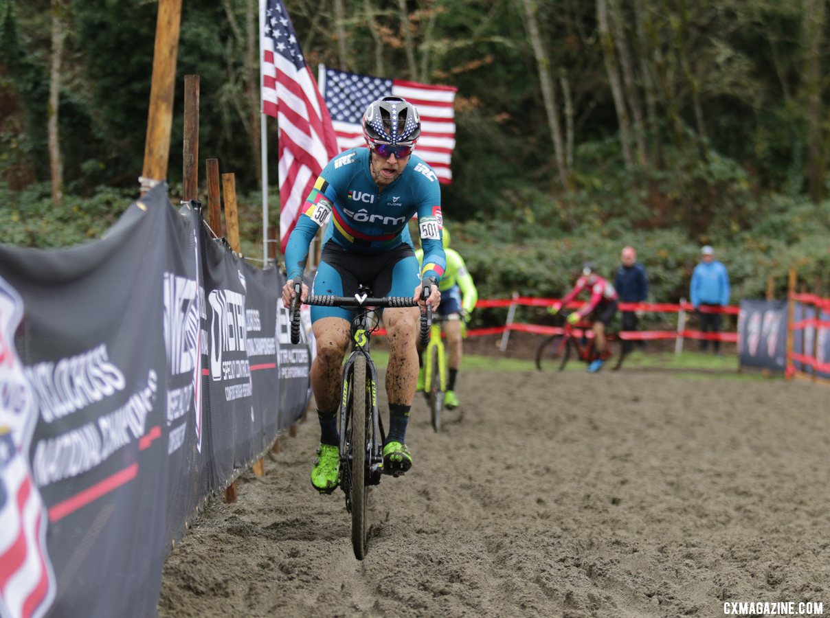 Jake Wells shows his stripes on his way to another national championship. Masters Men 40-44. 2019 Cyclocross National Championships, Lakewood, WA. © D. Mable / Cyclocross Magazine