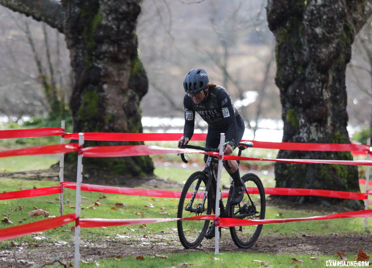 Gabriel Linn enjoys a brief stint of sunshine on a rainy afternoon. Masters Men 40-44. 2019 Cyclocross National Championships, Lakewood, WA. © D. Mable / Cyclocross Magazine