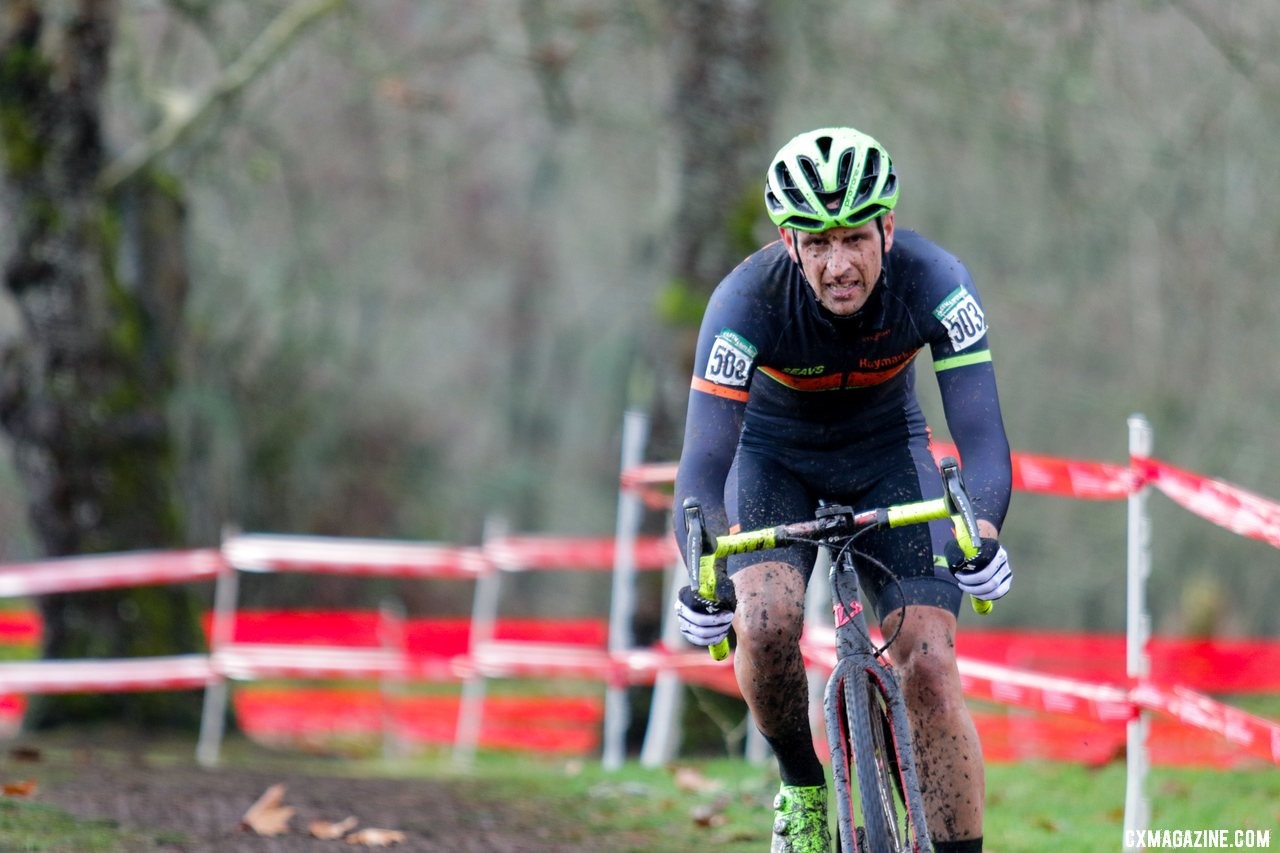 Weston Schempf powers up the long grade to the top of the course. Masters Men 40-44. 2019 Cyclocross National Championships, Lakewood, WA. © D. Mable / Cyclocross Magazine