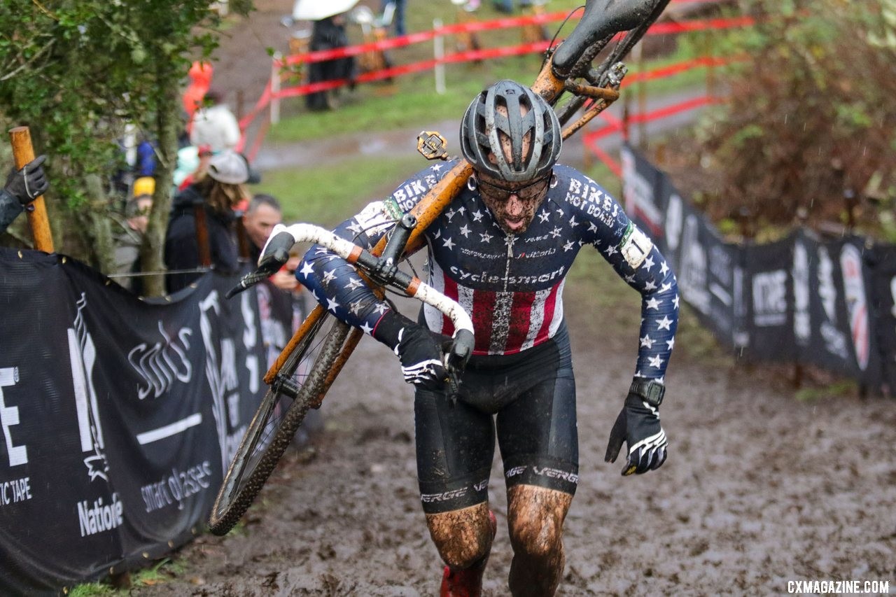 Adam Myerson shoulders his bike for a climb. Masters Men 45-49. 2019 Cyclocross National Championships, Lakewood, WA. © D. Mable / Cyclocross Magazine