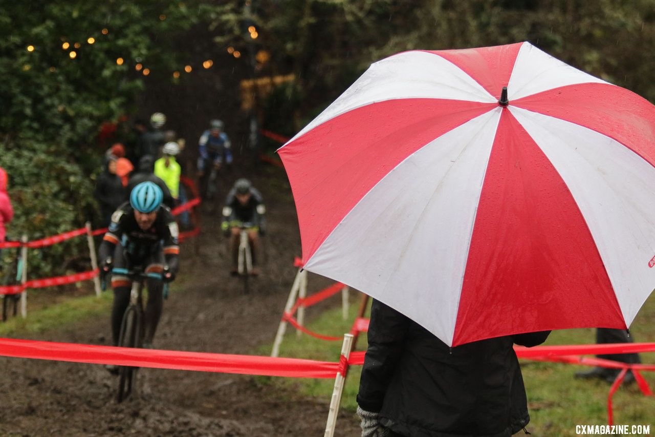 Darkening skies brought heavy rain for much of the masters race. Masters Men 45-49. 2019 Cyclocross National Championships, Lakewood, WA. © D. Mable / Cyclocross Magazine