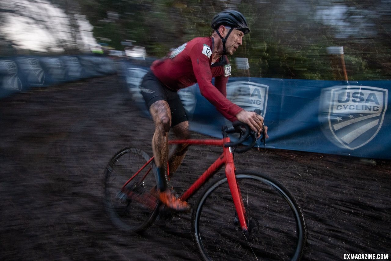 Justin Morgan, former Norcal resident, joined his former competitors on the podium. Masters Men 45-49. 2019 Cyclocross National Championships, Lakewood, WA. © A. Yee / Cyclocross Magazine