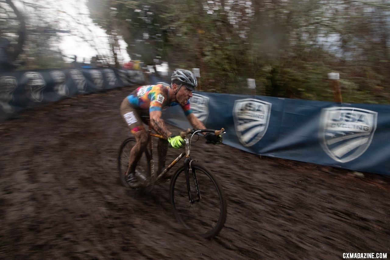 Chad Eder bombs the mudslide. Masters Men 45-49. 2019 Cyclocross National Championships, Lakewood, WA. © A. Yee / Cyclocross Magazine