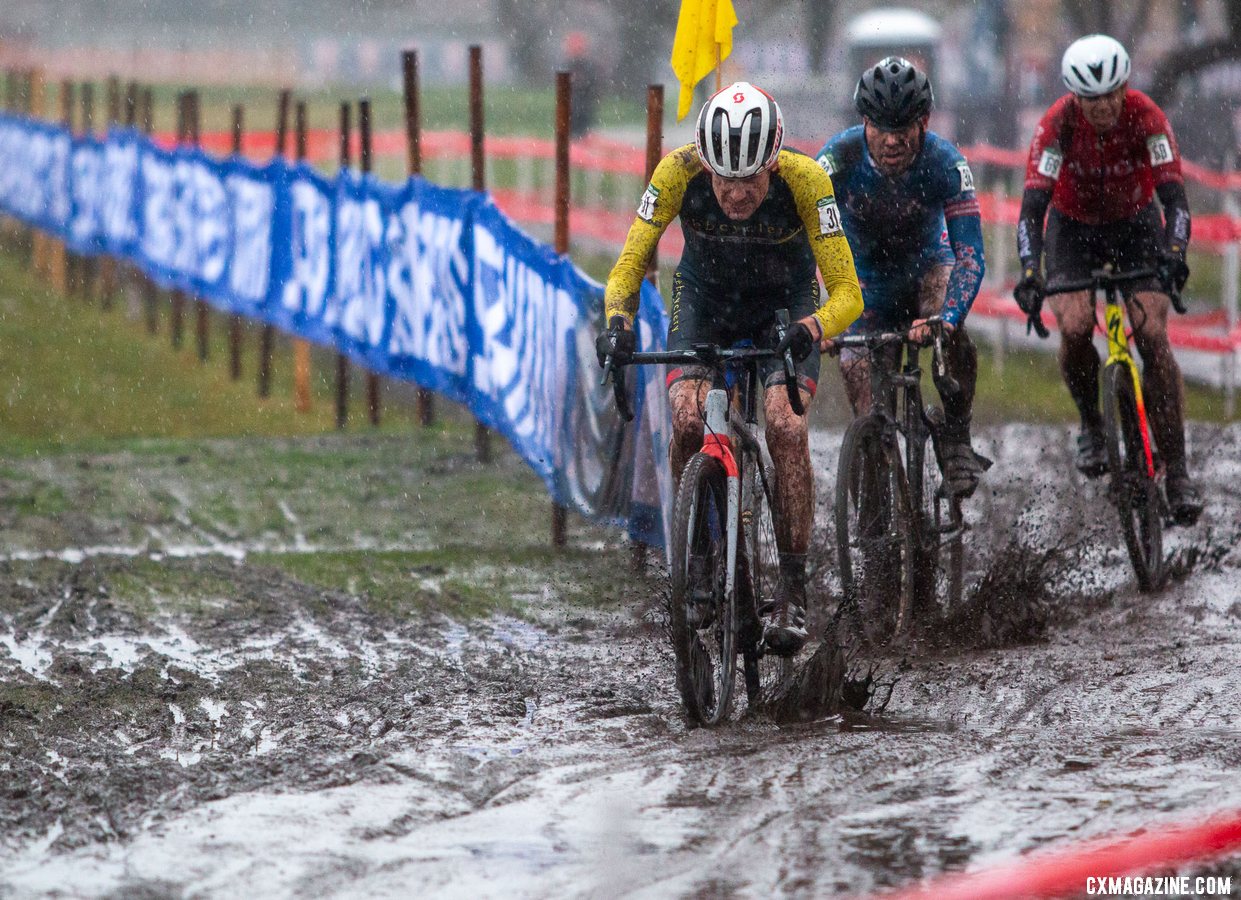 Michael Brown leads a group of three through the fresh Seattle Soup. Masters Men 45-49. 2019 Cyclocross National Championships, Lakewood, WA. © A. Yee / Cyclocross Magazine