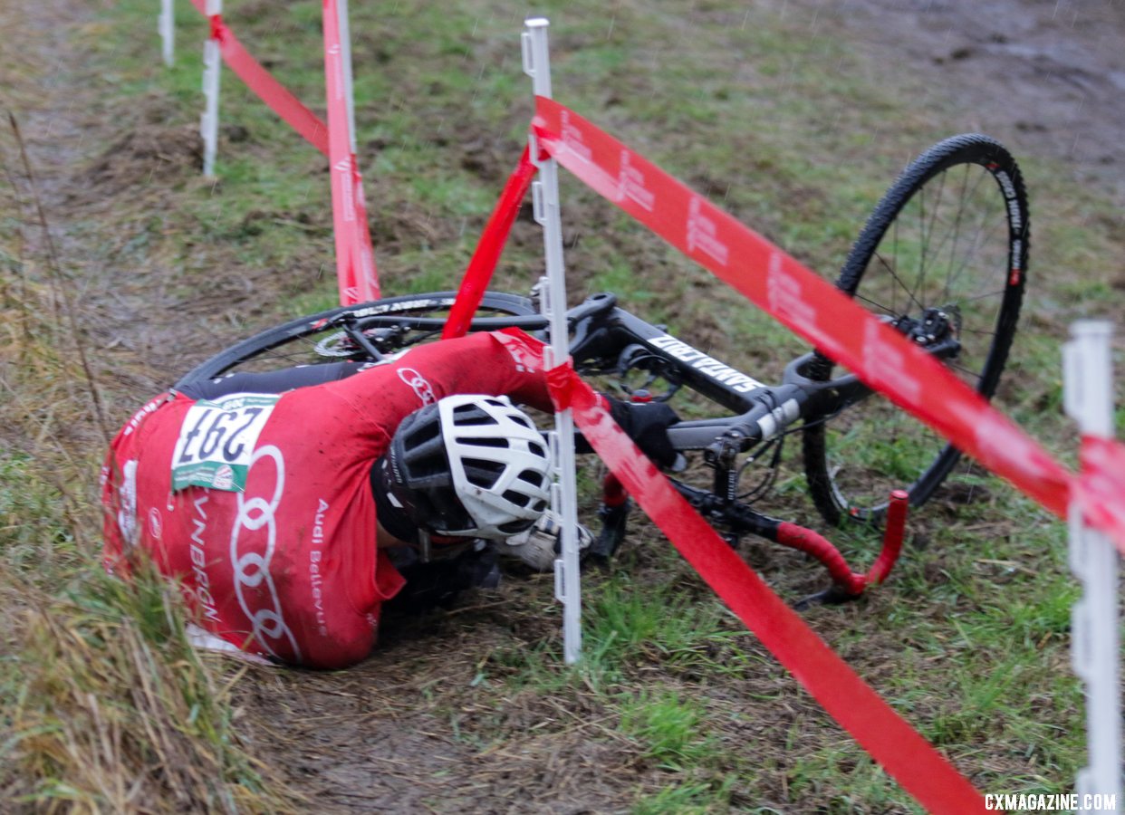 Conditions got slicker as the day wore on, forcing course repair volunteers to work overtime. Masters Men 50-54. 2019 Cyclocross National Championships, Lakewood, WA. © D. Mable / Cyclocross Magazine