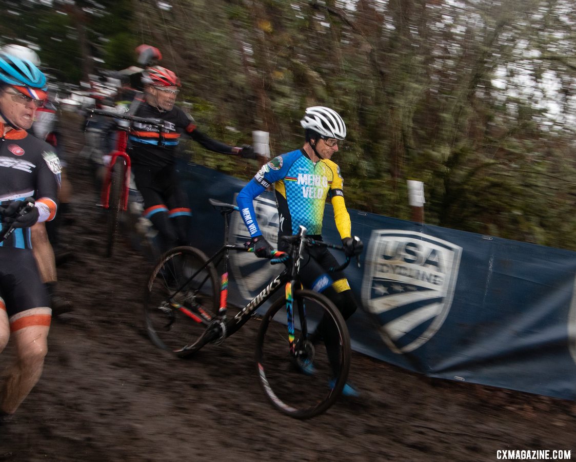 The first lap crowds made descents a run-down for most. Miles Keep leads the way. Masters 50-54. 2019 Cyclocross National Championships, Lakewood, WA. © A. Yee / Cyclocross Magazine