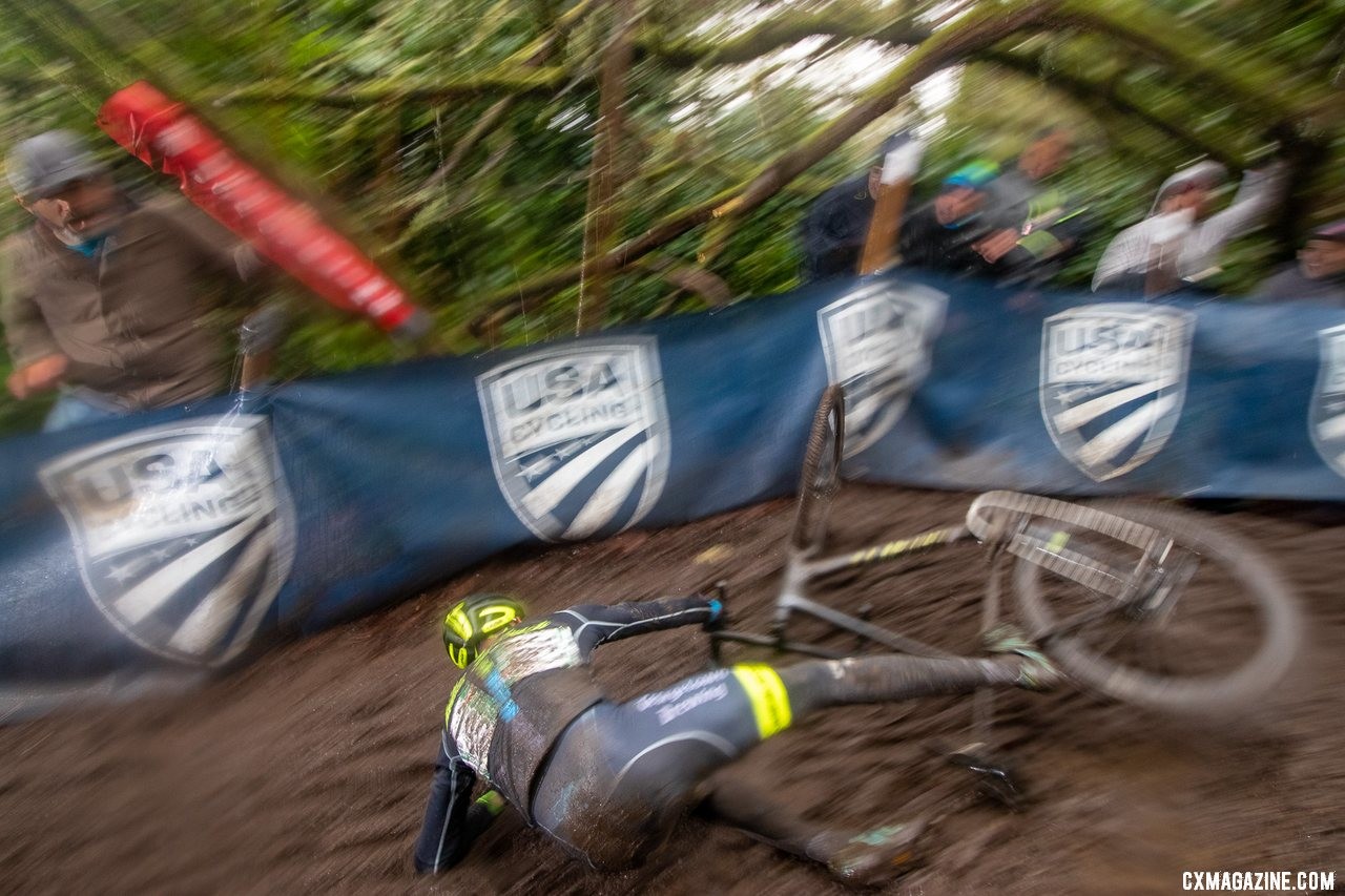 The second descent proved to be the landing ground for many racers. Masters 50-54. 2019 Cyclocross National Championships, Lakewood, WA. © A. Yee / Cyclocross Magazine