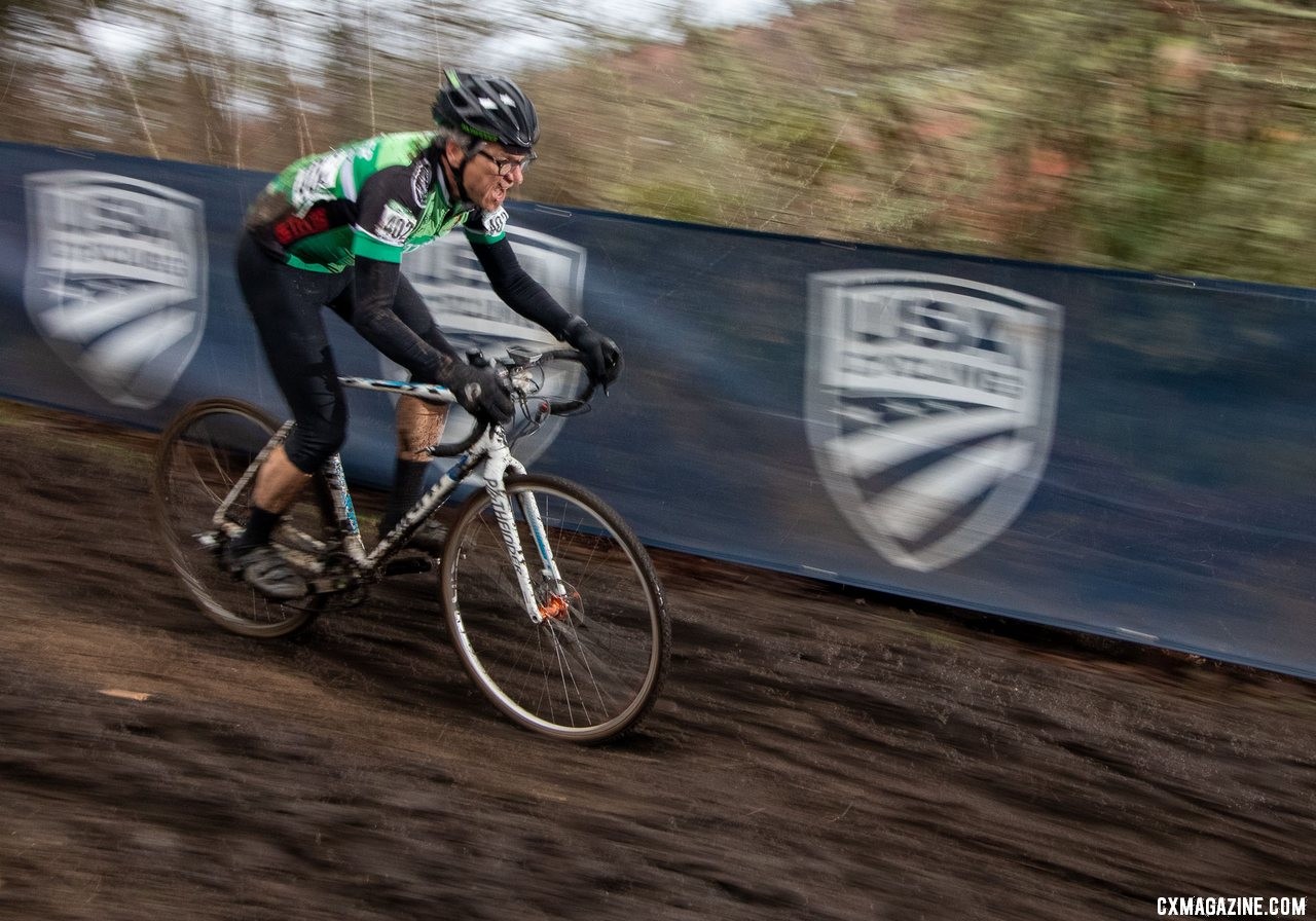 Gunnar Shogren bombs the first descent to finish fourth. Masters Men 55-59. 2019 Cyclocross National Championships, Lakewood, WA. © A. Yee / Cyclocross Magazine