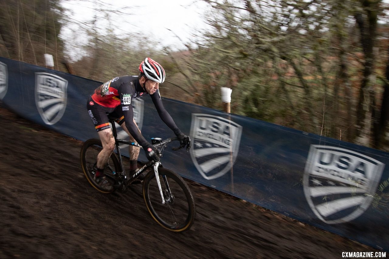 Kenneth Salvail makes his way to the bottom of the chicane downhill. Masters Men 55-59. 2019 Cyclocross National Championships, Lakewood, WA. © A. Yee / Cyclocross Magazine