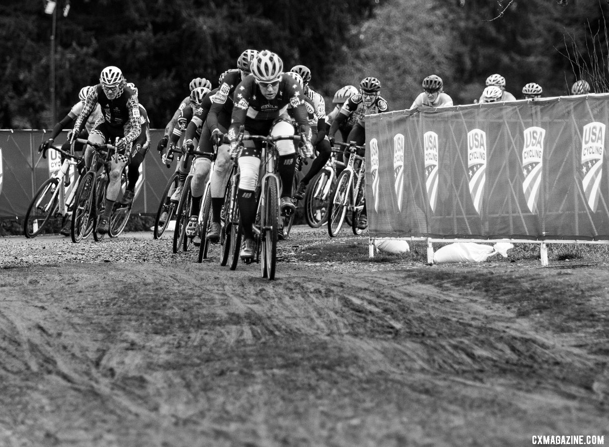 Craig Undem charged to the front to take the hole shot. Masters Men 55-59. 2019 Cyclocross National Championships, Lakewood, WA. © A. Yee / Cyclocross Magazine