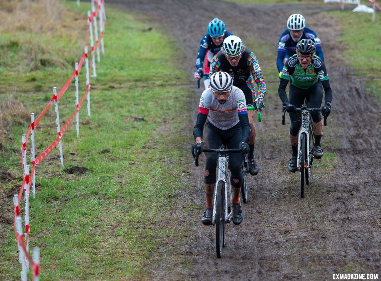 A small chase group worked to catch the leaders. Masters Men 55-59. 2019 Cyclocross National Championships, Lakewood, WA. © A. Yee / Cyclocross Magazine